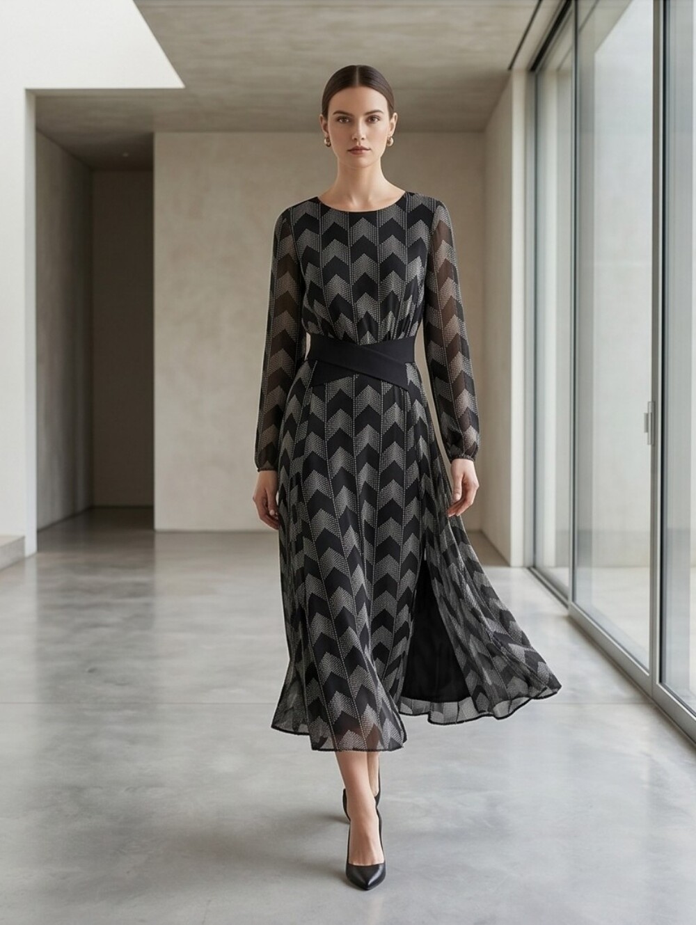 Ted Baker Black & White Geometric Print Longsleeve Dress With Black Belting